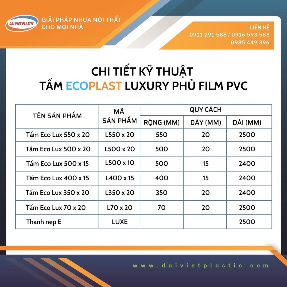 Tấm nội thất ECOPLAST - A9 2 thong so ki thuat eco lux